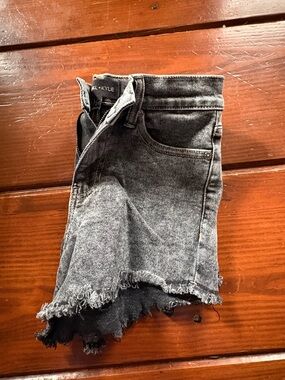 Black/Gray Distressed Denim Skirt with Frayed Hem